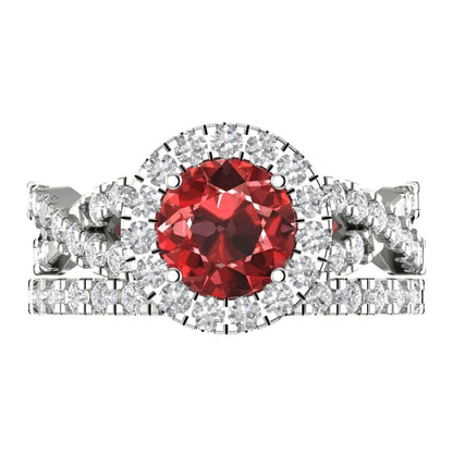 1.795 cttw Round Cut Natural Garnet Bridal Set - Solid White Gold Engagement Ring & Wedding Band