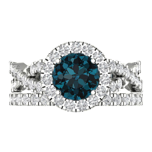 1.795 cttw Round Cut Natural London Blue Topaz Bridal Set - Solid White Gold Engagement Ring & Wedding Band