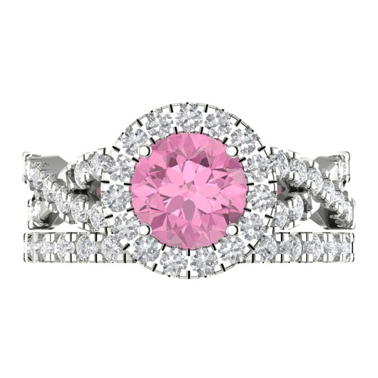 1.795 cttw Round Cut Simulated Pink Diamond Bridal Set - Solid White Gold Engagement Ring & Wedding Band