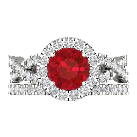 1.795 cttw Round Cut Simulated Pink Tourmaline Bridal Set - Solid White Gold Engagement Ring & Wedding Band