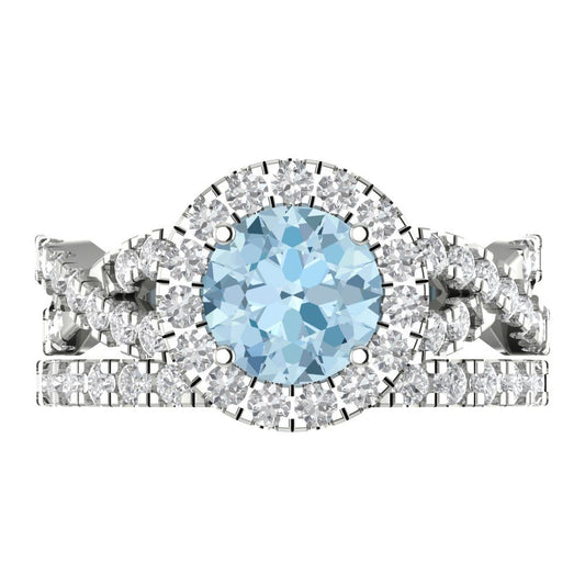 1.795 cttw Round Cut Natural Swiss Blue Topaz Bridal Set - Solid White Gold Engagement Ring & Wedding Band