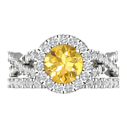 1.795 cttw Round Cut Simulated Yellow Diamond Bridal Set - Solid White Gold Engagement Ring & Wedding Band