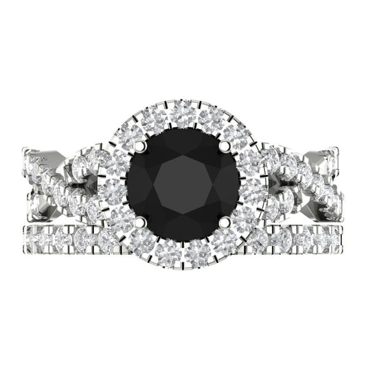 1.795 cttw Round Cut Natural Onyx Bridal Set - Solid White Gold Engagement Ring & Wedding Band