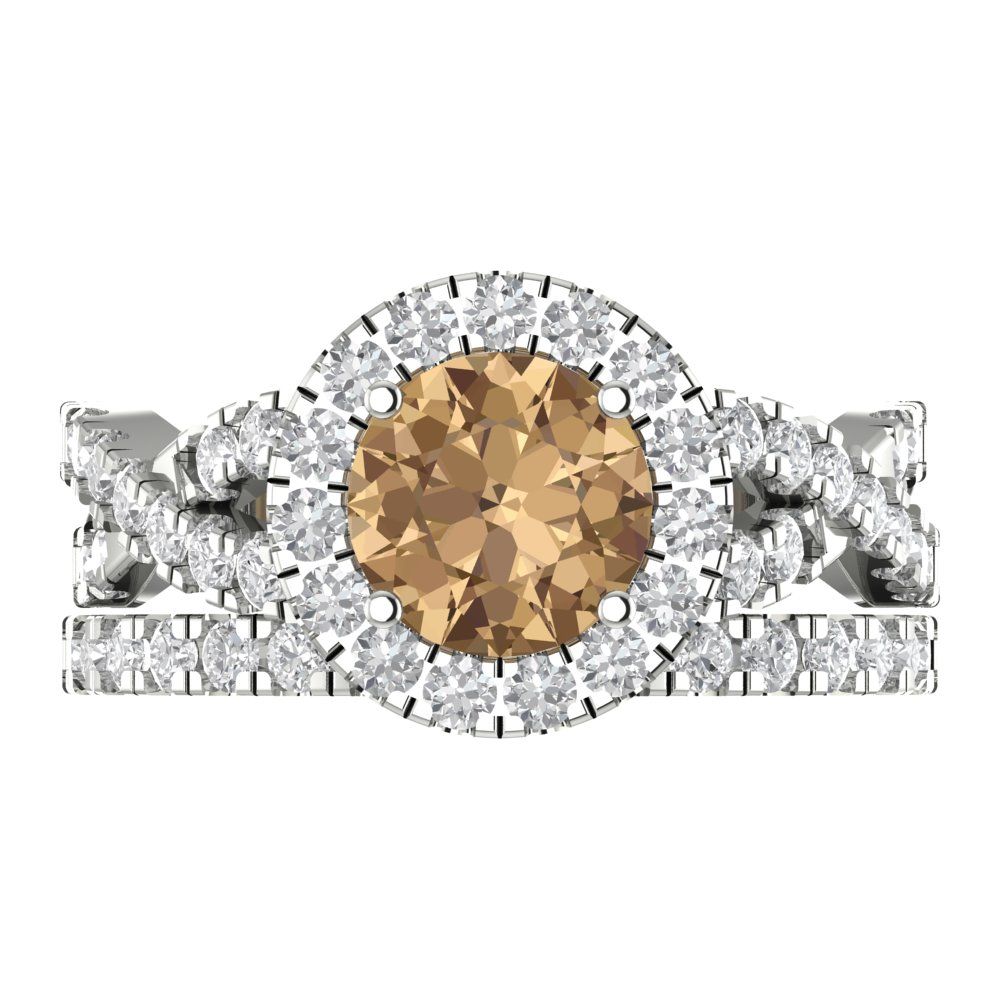 1.795 cttw Round Cut Simulated Champagne Diamond Bridal Set - Solid White Gold Engagement Ring & Wedding Band