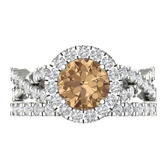 1.795 cttw Round Cut Simulated Champagne Diamond Bridal Set - Solid White Gold Engagement Ring & Wedding Band