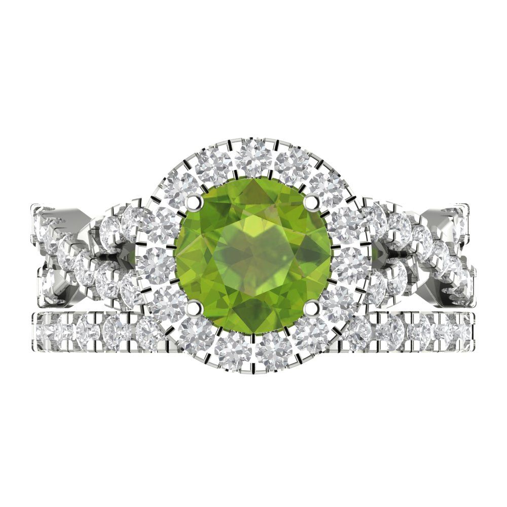 1.795 cttw Round Cut Natural Peridot Bridal Set - Solid White Gold Engagement Ring & Wedding Band