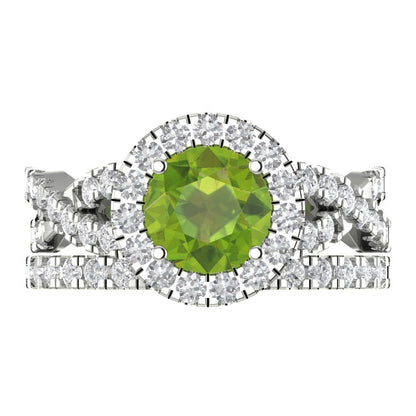 1.795 cttw Round Cut Natural Peridot Bridal Set - Solid White Gold Engagement Ring & Wedding Band