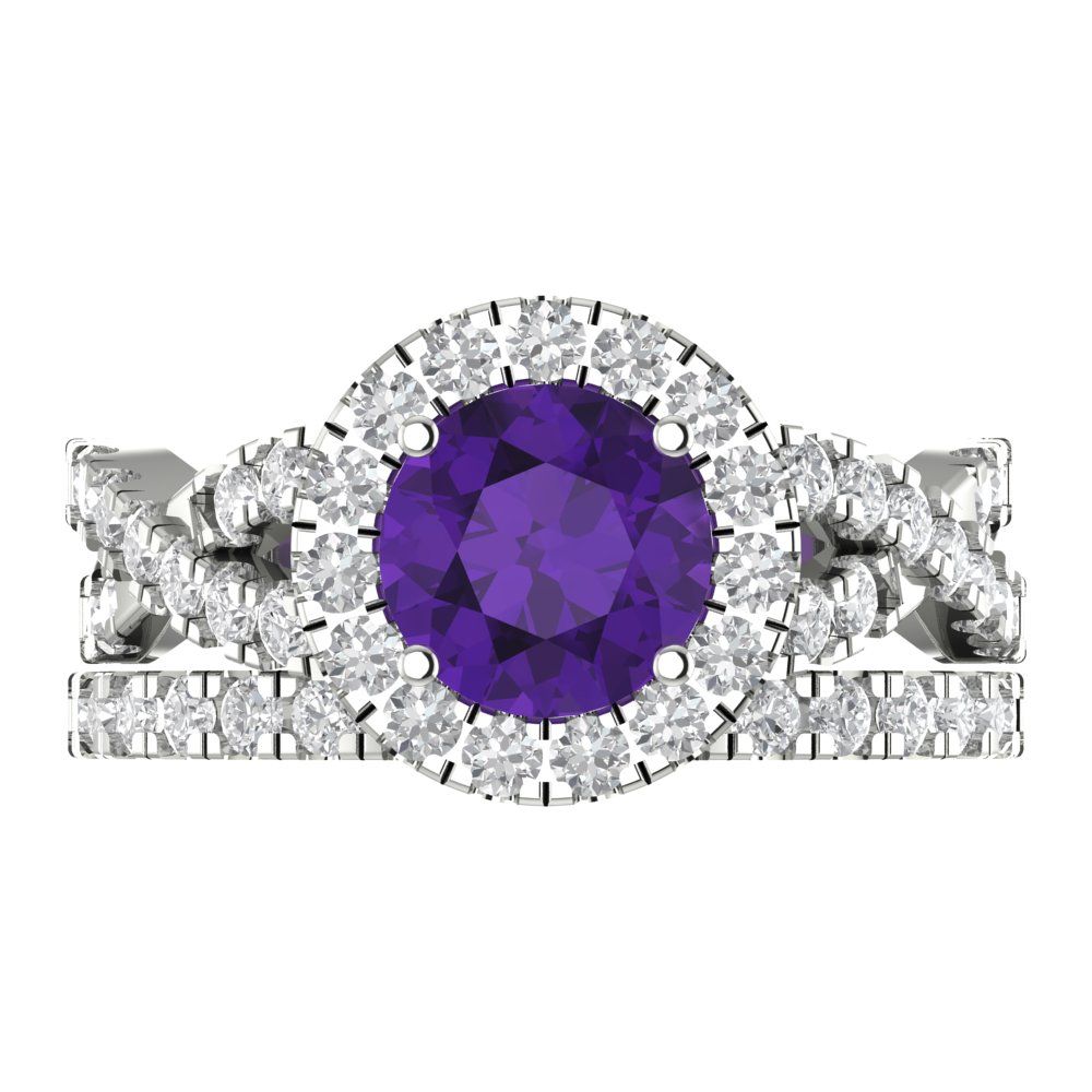 1.795 cttw Round Cut Natural Amethyst Bridal Set - Solid White Gold Engagement Ring & Wedding Band