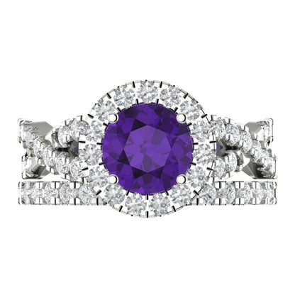 1.795 cttw Round Cut Natural Amethyst Bridal Set - Solid White Gold Engagement Ring & Wedding Band