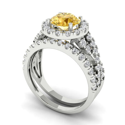 1.795 cttw Round Cut Yellow Moissanite Bridal Set - Solid White Gold Engagement Ring & Wedding Band