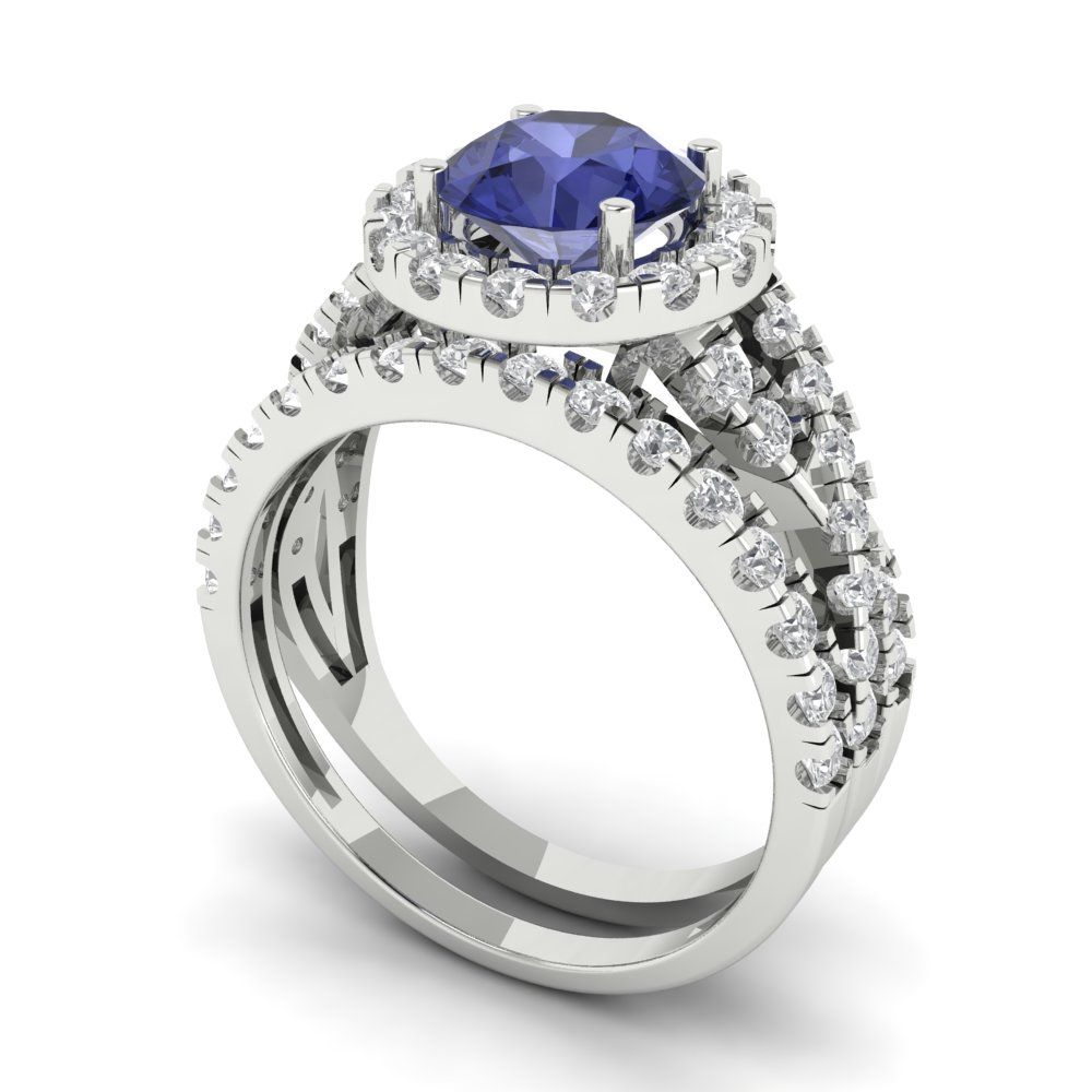1.795 cttw Round Cut Simulated Tanzanite Bridal Set - Solid White Gold Engagement Ring & Wedding Band