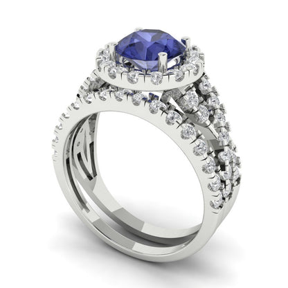 1.795 cttw Round Cut Simulated Tanzanite Bridal Set - Solid White Gold Engagement Ring & Wedding Band