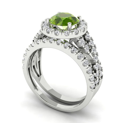1.795 cttw Round Cut Natural Peridot Bridal Set - Solid White Gold Engagement Ring & Wedding Band