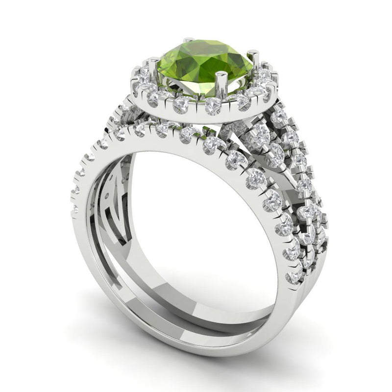 1.92 ct Brilliant Round Cut Natural Peridot Stone White Gold Halo Solitaire with Accents Bridal Set