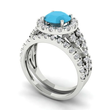 1.795 cttw Round Cut Simulated Turquoise Bridal Set - Solid White Gold Engagement Ring & Wedding Band
