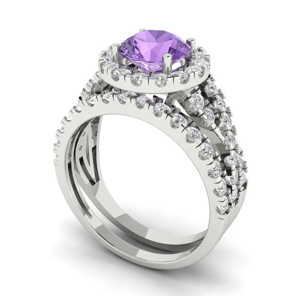 1.795 cttw Round Cut Simulated Alexandrite Bridal Set - Solid White Gold Engagement Ring & Wedding Band