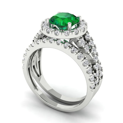 1.795 cttw Round Cut Simulated Emerald Bridal Set - Solid White Gold Engagement Ring & Wedding Band
