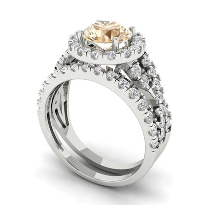 1.795 cttw Round Cut Natural Morganite Bridal Set - Solid White Gold Engagement Ring & Wedding Band