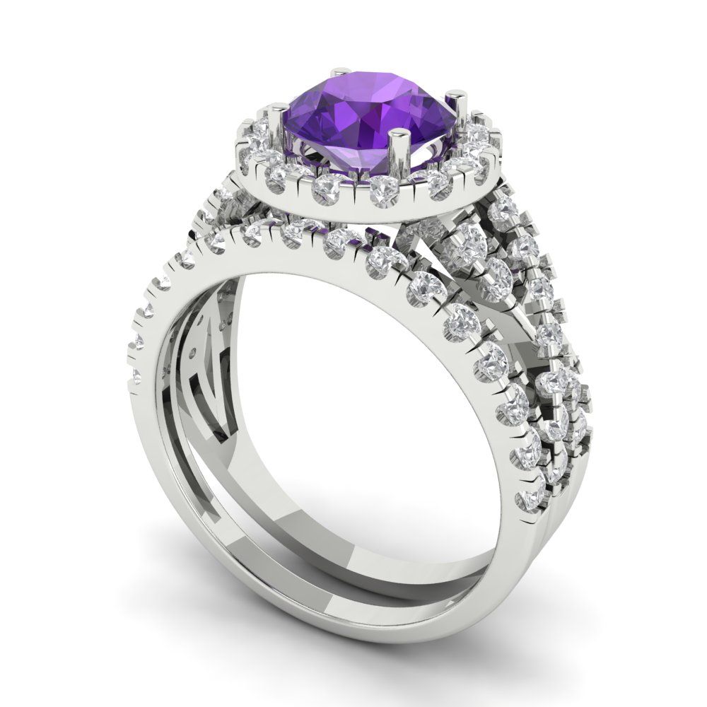 1.795 cttw Round Cut Natural Amethyst Bridal Set - Solid White Gold Engagement Ring & Wedding Band