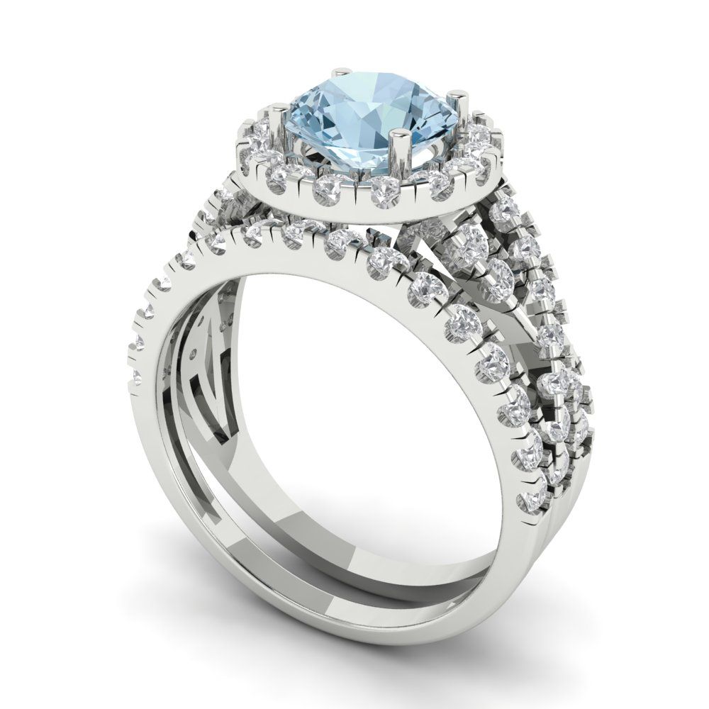 1.795 cttw Round Cut Natural Aquamarine Bridal Set - Solid White Gold Engagement Ring & Wedding Band