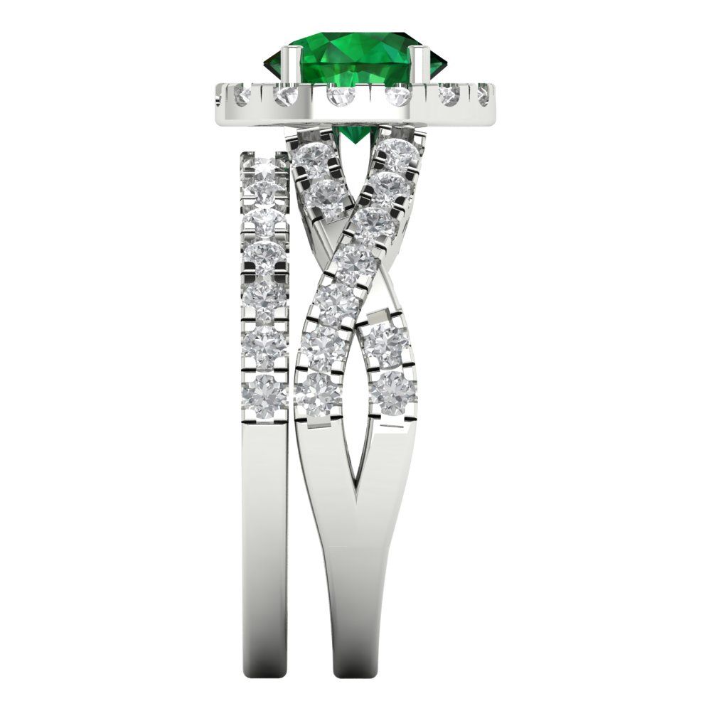 1.795 cttw Round Cut Simulated Emerald Bridal Set - Solid White Gold Engagement Ring & Wedding Band