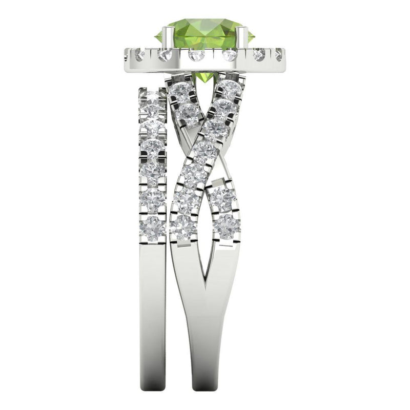 1.92 ct Brilliant Round Cut Natural Peridot Stone White Gold Halo Solitaire with Accents Bridal Set