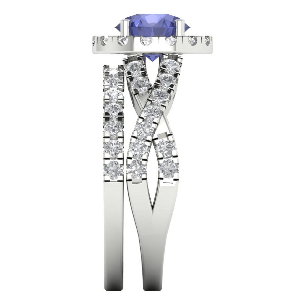 1.795 cttw Round Cut Simulated Tanzanite Bridal Set - Solid White Gold Engagement Ring & Wedding Band