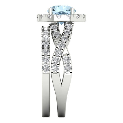 1.795 cttw Round Cut Natural Swiss Blue Topaz Bridal Set - Solid White Gold Engagement Ring & Wedding Band