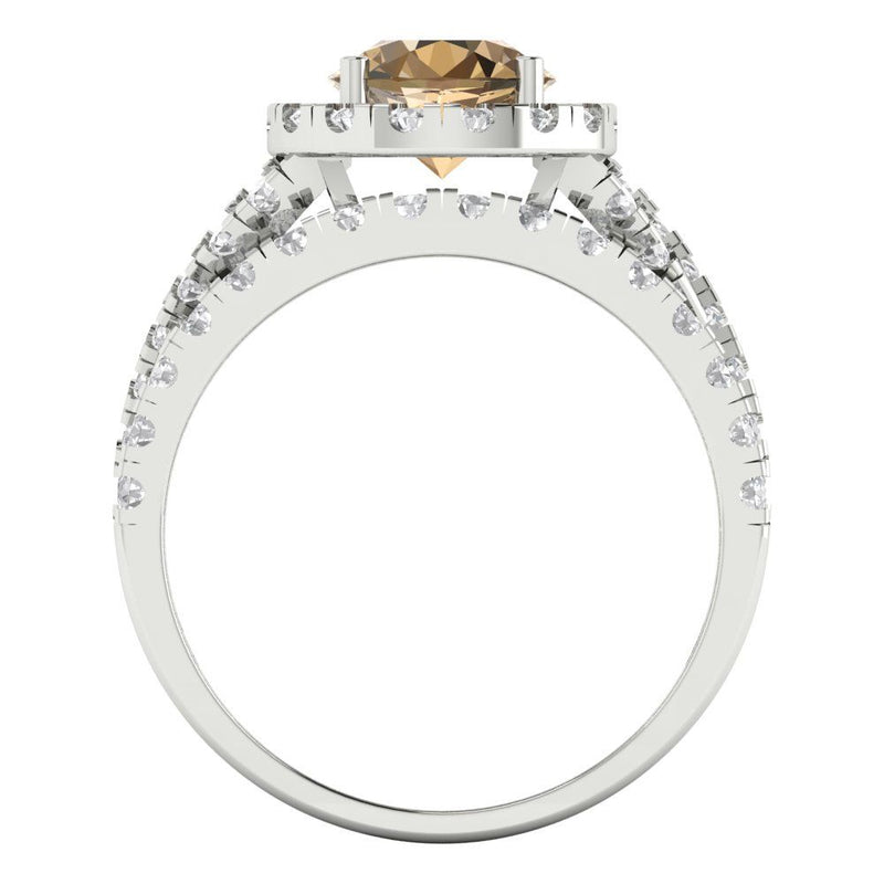 1.92 ct Brilliant Round Cut Champagne Simulated Diamond Stone White Gold Halo Solitaire with Accents Bridal Set