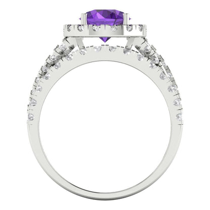 1.795 cttw Round Cut Natural Amethyst Bridal Set - Solid White Gold Engagement Ring & Wedding Band