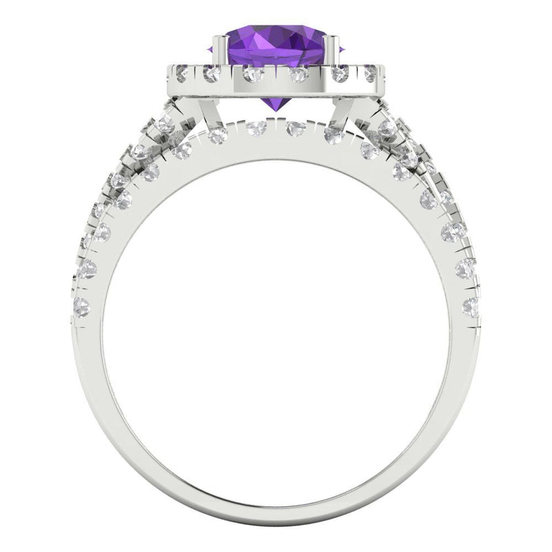 1.92 ct Brilliant Round Cut Natural Amethyst Stone White Gold Halo Solitaire with Accents Bridal Set