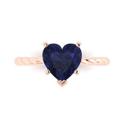 2 cttw Simulated Blue Sapphire Solitaire  Engagement Ring - Solid Rose Gold (VVS1, Heart Cut,8.0mm)
