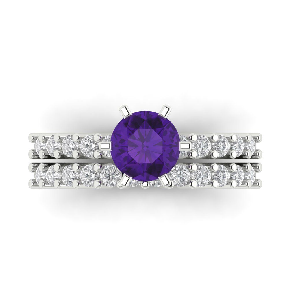 1.66 cttw Round Cut Natural Amethyst Bridal Set - Solid White Gold Engagement Ring & Wedding Band