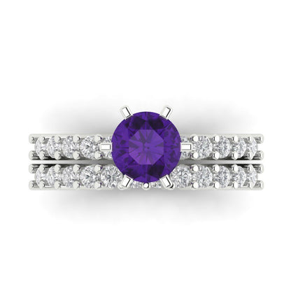 1.66 cttw Round Cut Natural Amethyst Bridal Set - Solid White Gold Engagement Ring & Wedding Band