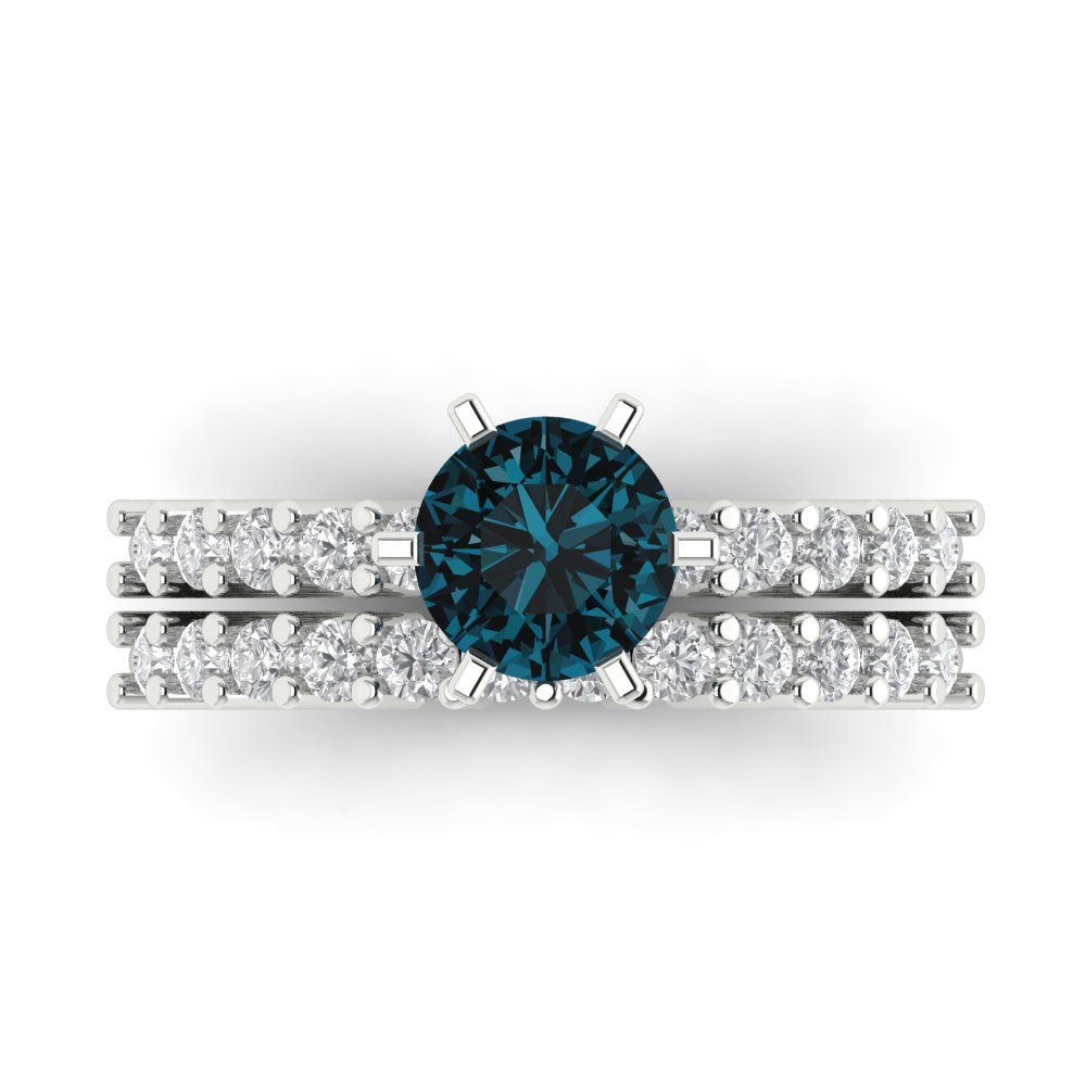 1.66 cttw Round Cut Natural London Blue Topaz Bridal Set - Solid White Gold Engagement Ring & Wedding Band