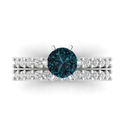 1.66 cttw Round Cut Natural London Blue Topaz Bridal Set - Solid White Gold Engagement Ring & Wedding Band