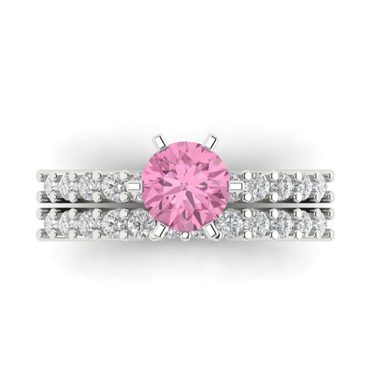 1.66 cttw Round Cut Simulated Pink Diamond Bridal Set - Solid White Gold Engagement Ring & Wedding Band