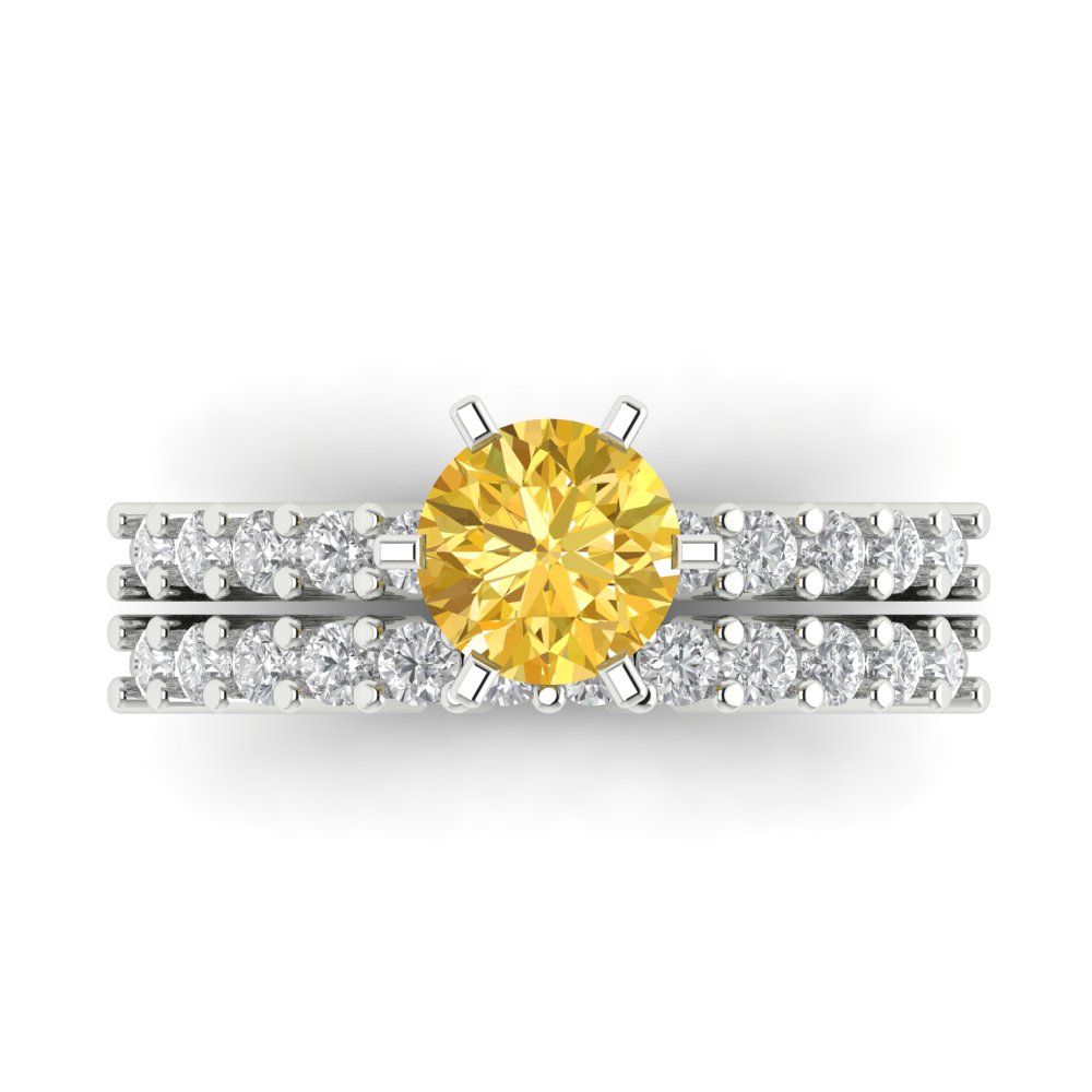 1.66 cttw Round Cut Simulated Yellow Diamond Bridal Set - Solid White Gold Engagement Ring & Wedding Band