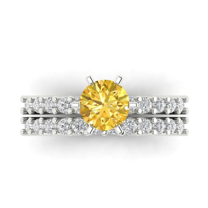 1.66 cttw Round Cut Simulated Yellow Diamond Bridal Set - Solid White Gold Engagement Ring & Wedding Band