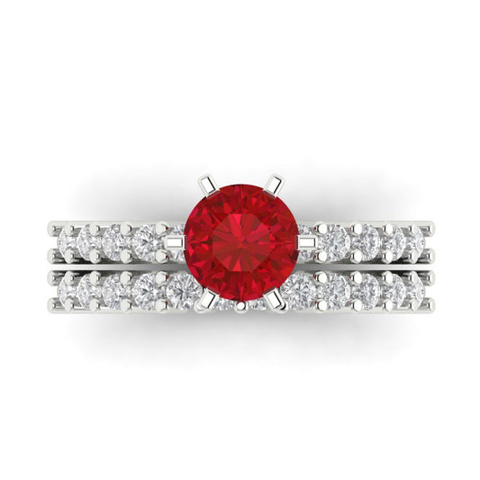 1.66 cttw Round Cut Simulated Pink Tourmaline Bridal Set - Solid White Gold Engagement Ring & Wedding Band