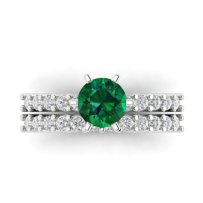 1.66 cttw Round Cut Simulated Emerald Bridal Set - Solid White Gold Engagement Ring & Wedding Band