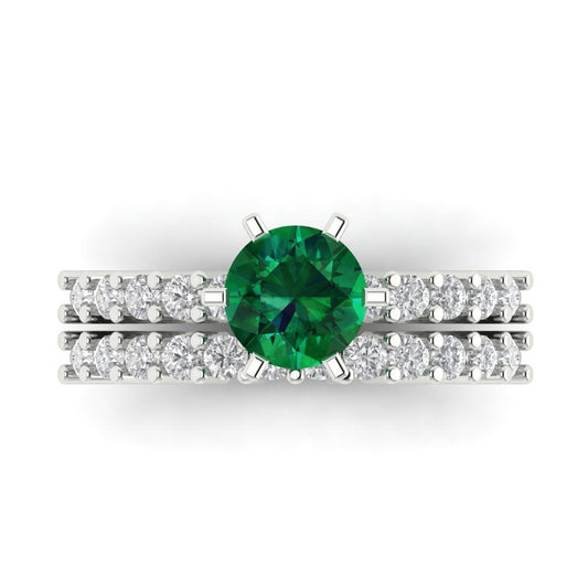 1.66 cttw Round Cut Simulated Emerald Bridal Set - Solid White Gold Engagement Ring & Wedding Band