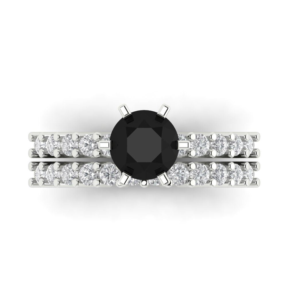 1.66 cttw Round Cut Natural Onyx Bridal Set - Solid White Gold Engagement Ring & Wedding Band