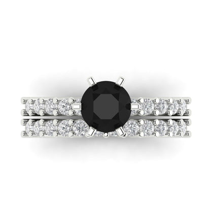 1.66 cttw Round Cut Natural Onyx Bridal Set - Solid White Gold Engagement Ring & Wedding Band