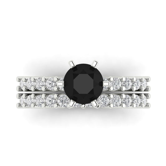 1.66 cttw Round Cut Natural Onyx Bridal Set - Solid White Gold Engagement Ring & Wedding Band