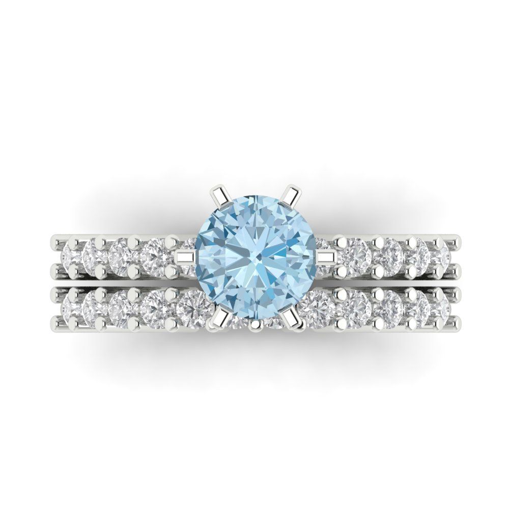 1.66 cttw Round Cut Natural Sky Blue Topaz Bridal Set - Solid White Gold Engagement Ring & Wedding Band