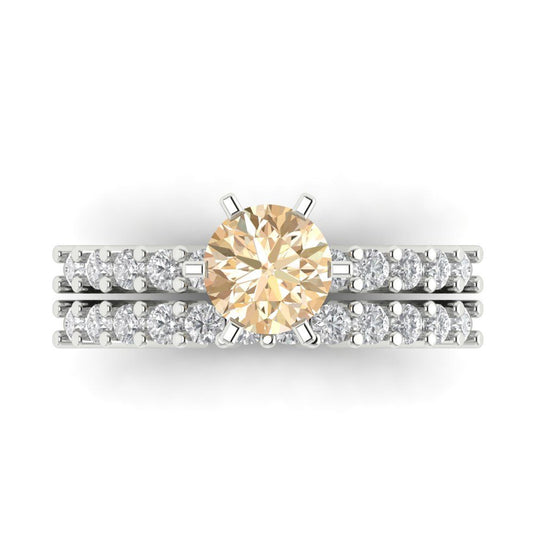 1.66 cttw Round Cut Natural Morganite Bridal Set - Solid White Gold Engagement Ring & Wedding Band