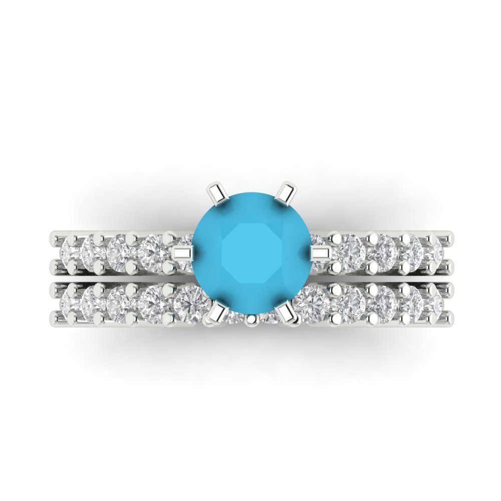 1.66 cttw Round Cut Simulated Turquoise Bridal Set - Solid White Gold Engagement Ring & Wedding Band