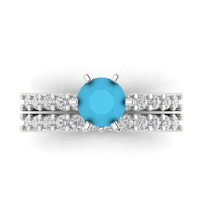 1.66 cttw Round Cut Simulated Turquoise Bridal Set - Solid White Gold Engagement Ring & Wedding Band