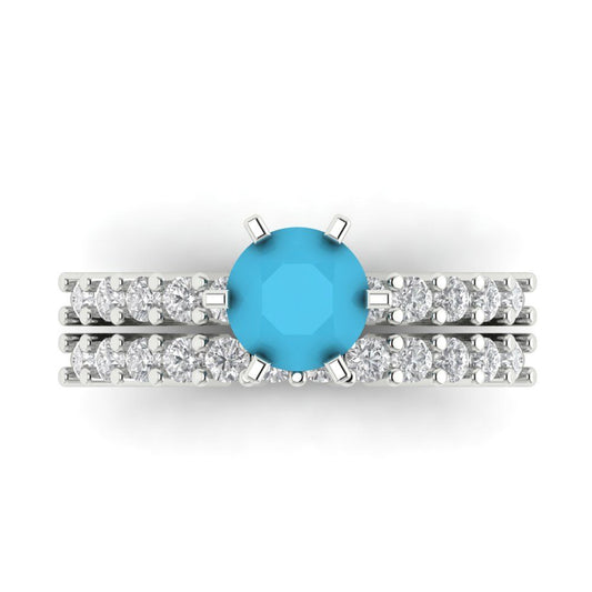 1.66 cttw Round Cut Simulated Turquoise Bridal Set - Solid White Gold Engagement Ring & Wedding Band